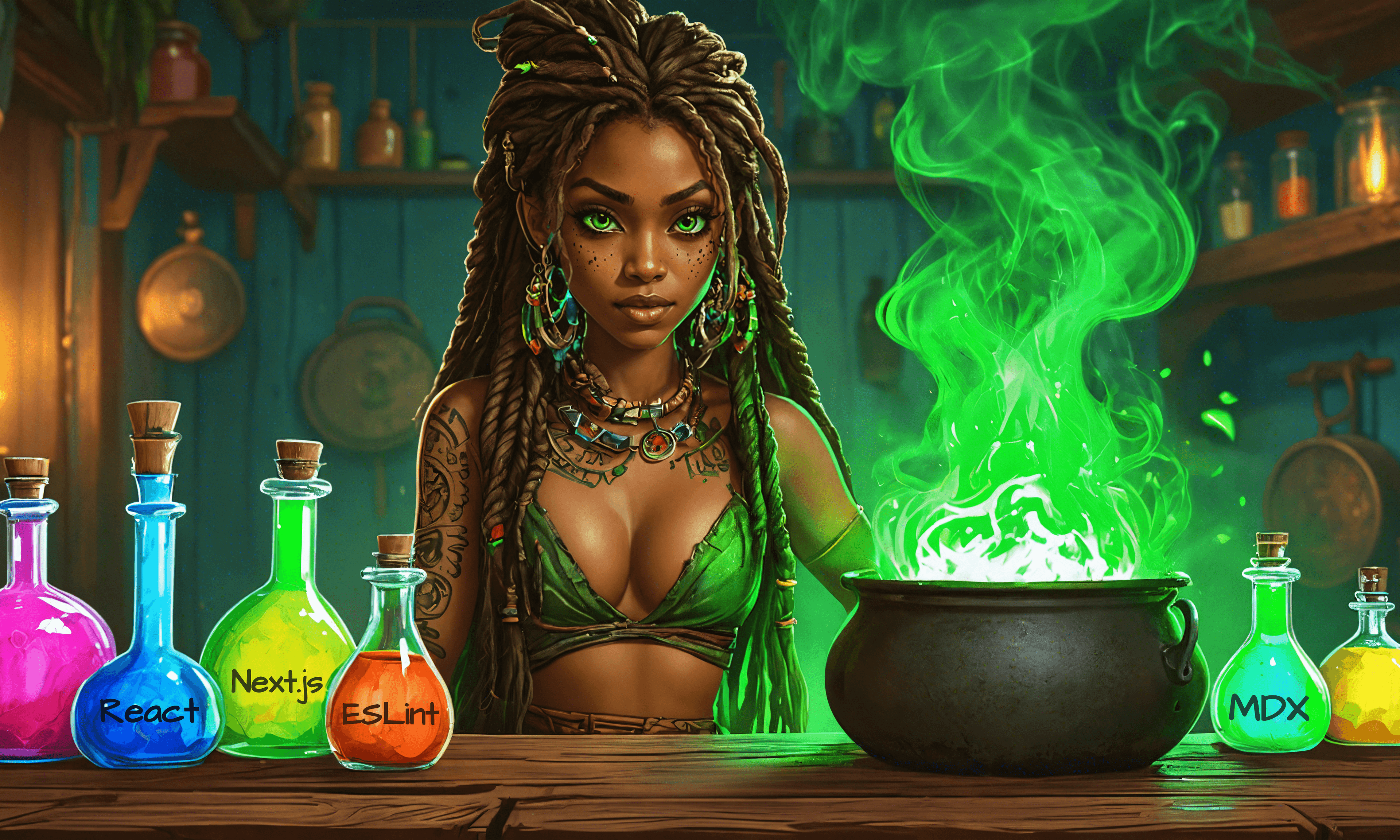 a voodoo lady mixing potions in a big cauldron, it represents a dev using different packages to build a project using an IDE